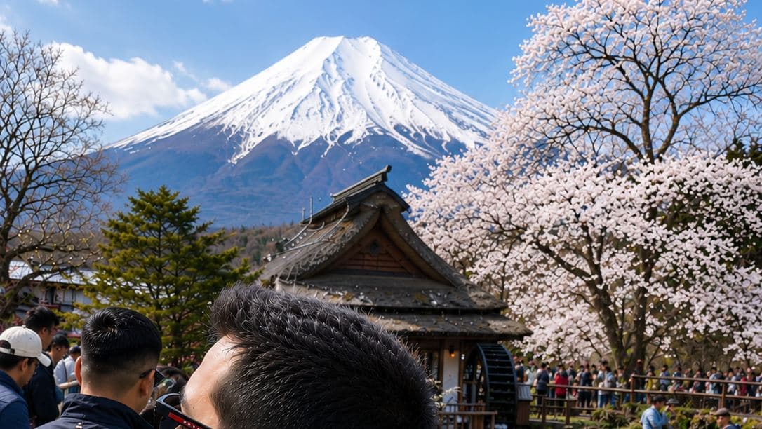 Mount Fuji with cherry blossoms at Oshino Hakkai