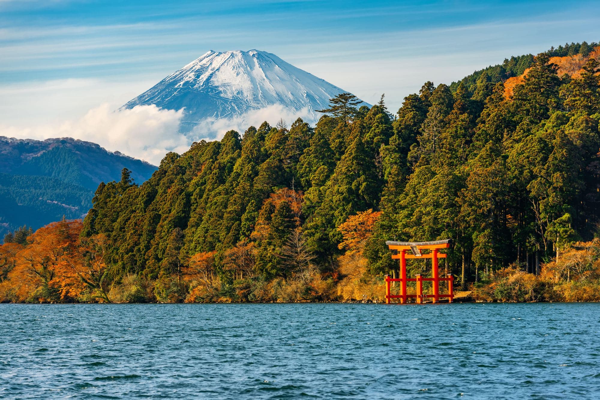 Mount Fuji with autumn foliage and the torii gate over Lake Ashi, Hakone